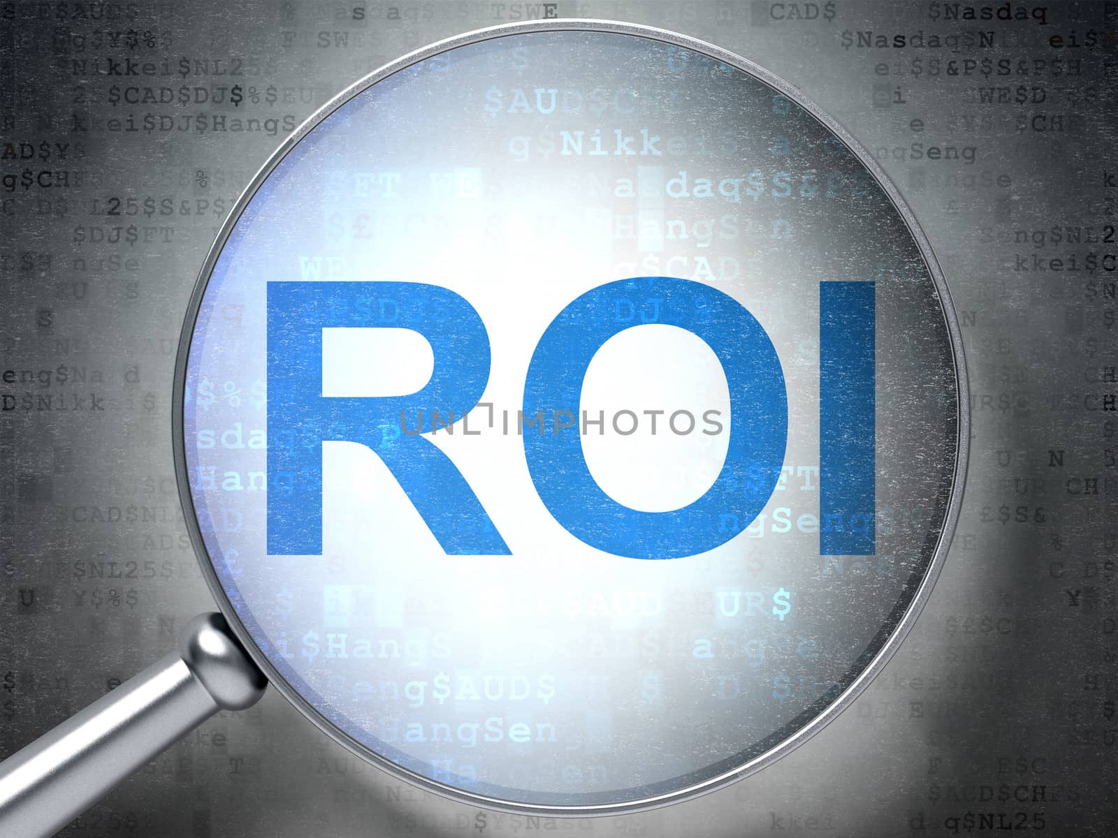 Finance concept: magnifying optical glass with words ROI on digital background, 3d render