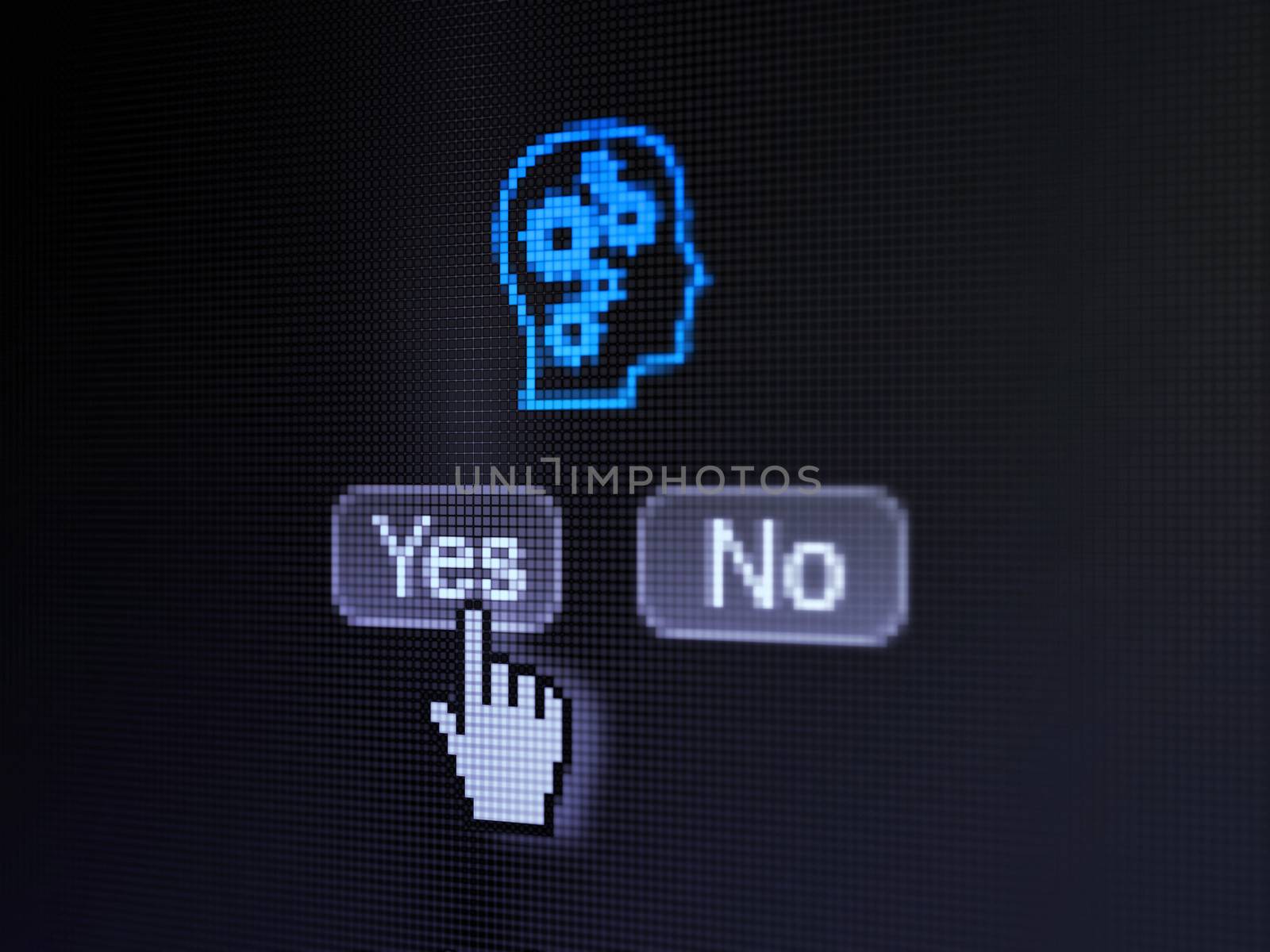 Education concept: buttons yes and no with pixelated Head With Gears icon and Hand cursor on digital computer screen, 3d render