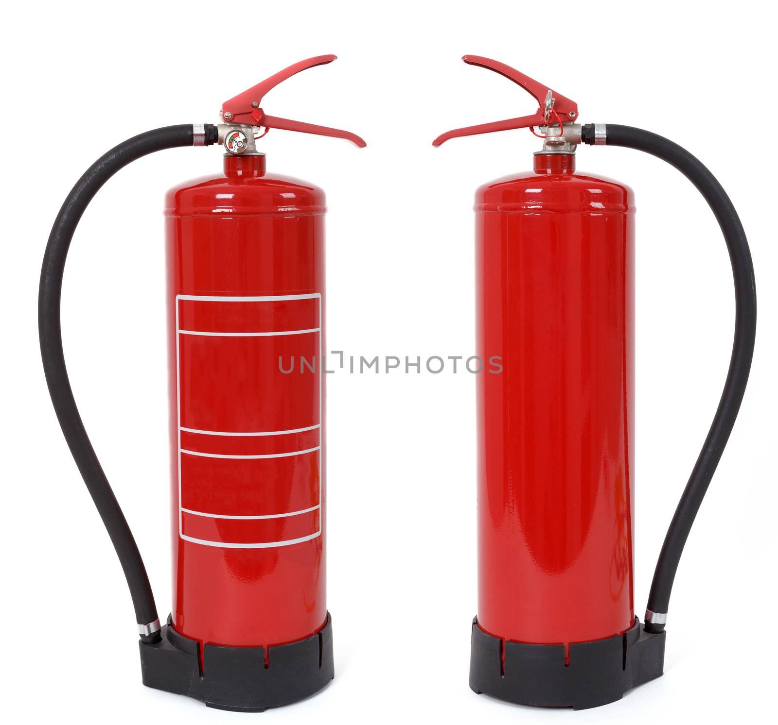 front and back view of fire extinguisher isolated on white