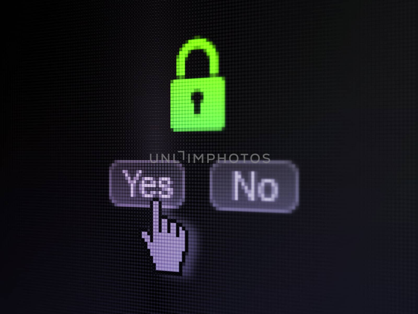 Security concept: buttons yes and no with pixelated Closed Padlock icon and Hand cursor on digital computer screen, selected focus 3d render