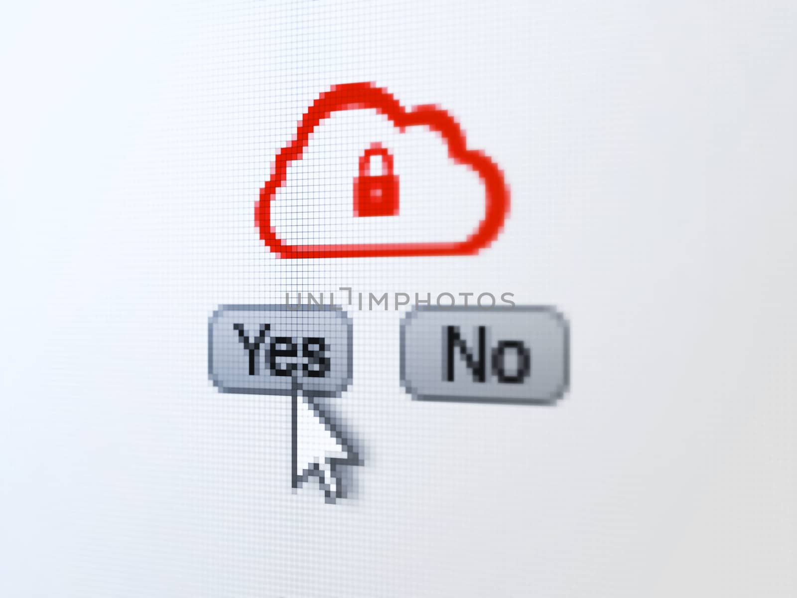 Cloud computing concept: buttons yes and no with Cloud With Padlock icon and Arrow cursor on digital screen, selected focus 3d render