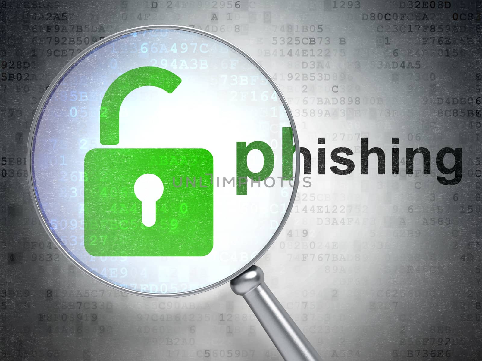 Security concept: magnifying optical glass with Opened Padlock icon and Phishing word on digital background, 3d render