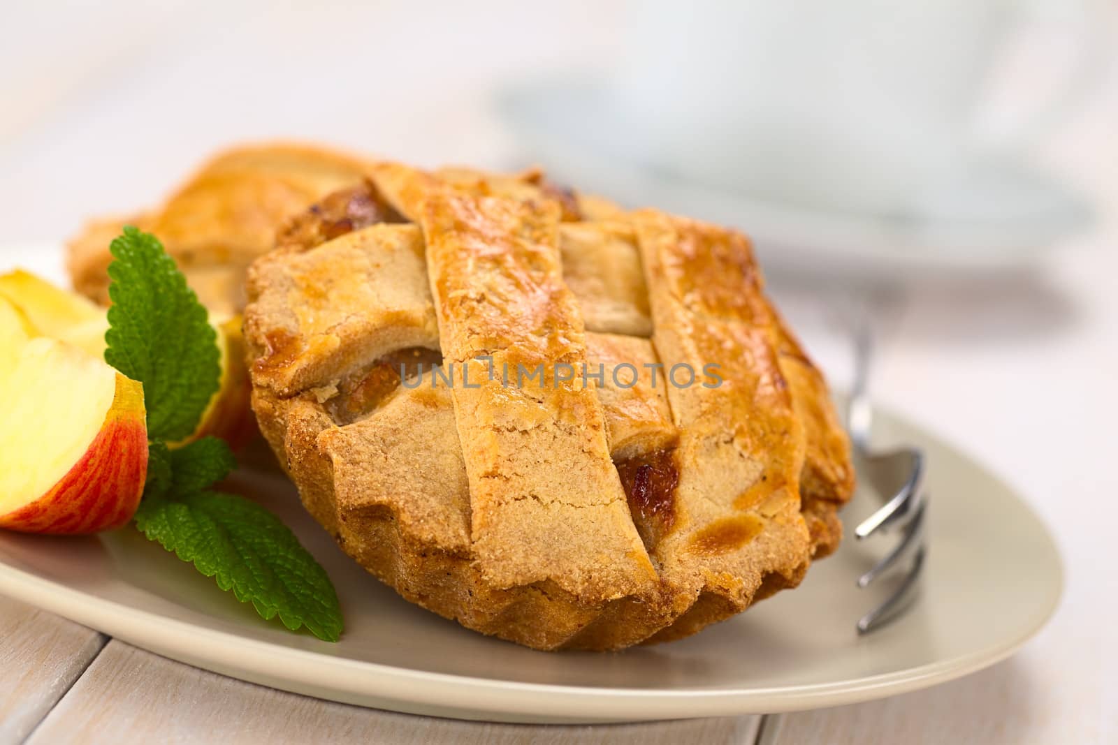 Small round apple pie with lattice crust with pastry fork, mint leaf and apple slice on a plate, cup in the back  (Selective Focus, Focus one third into the pie) 