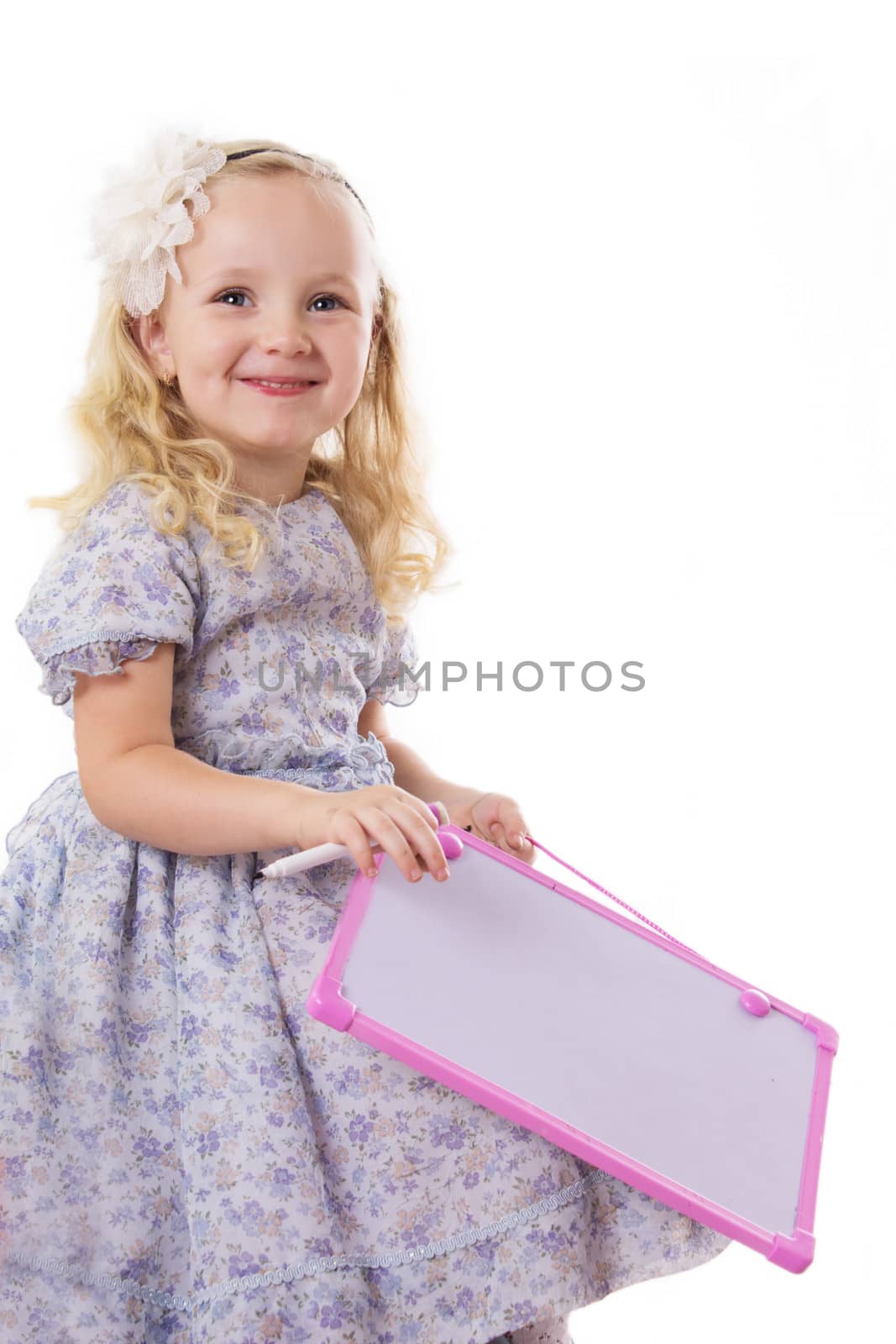 Cute happy blonde girl with pen and board by Angel_a