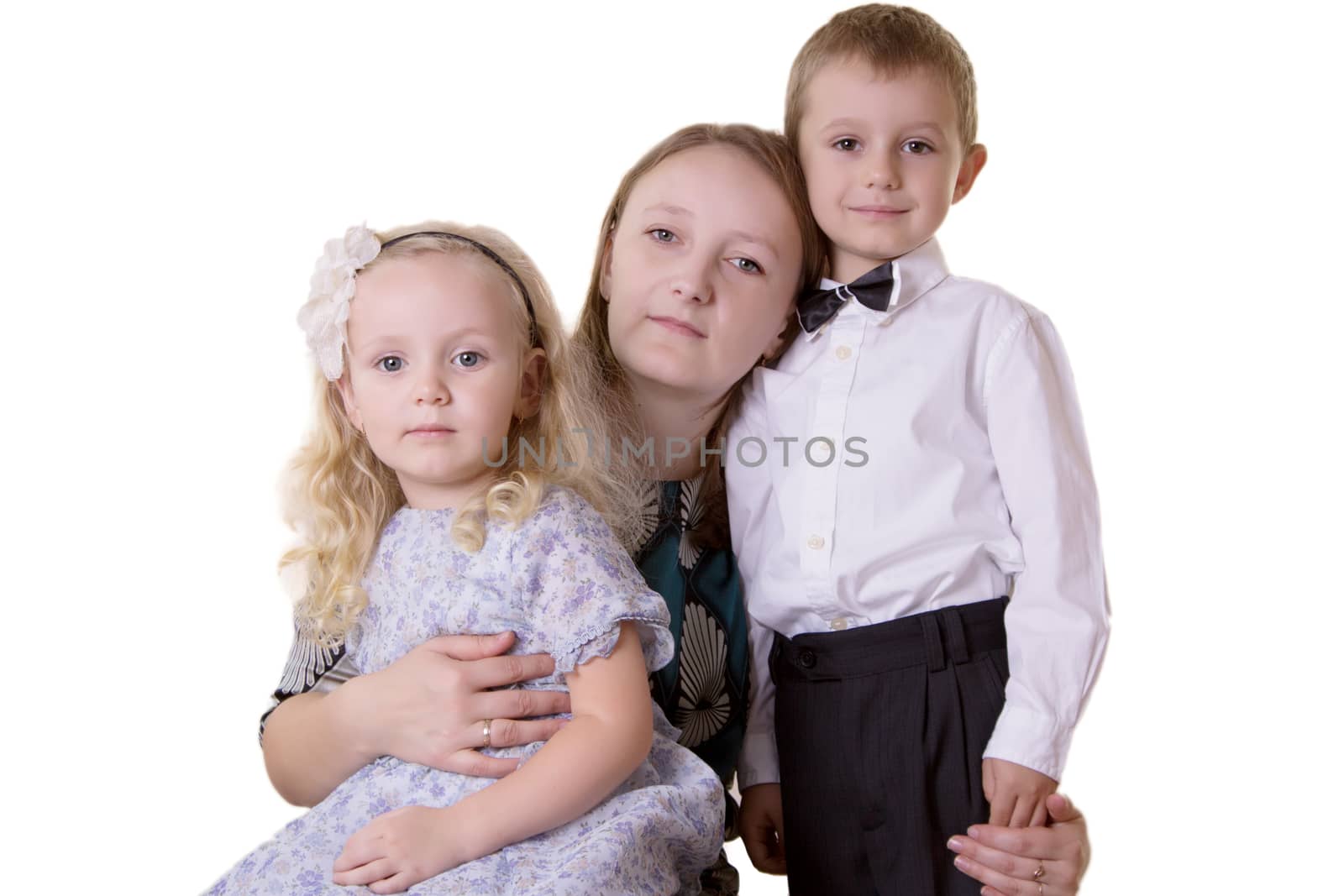 Mother with two children isolated on white