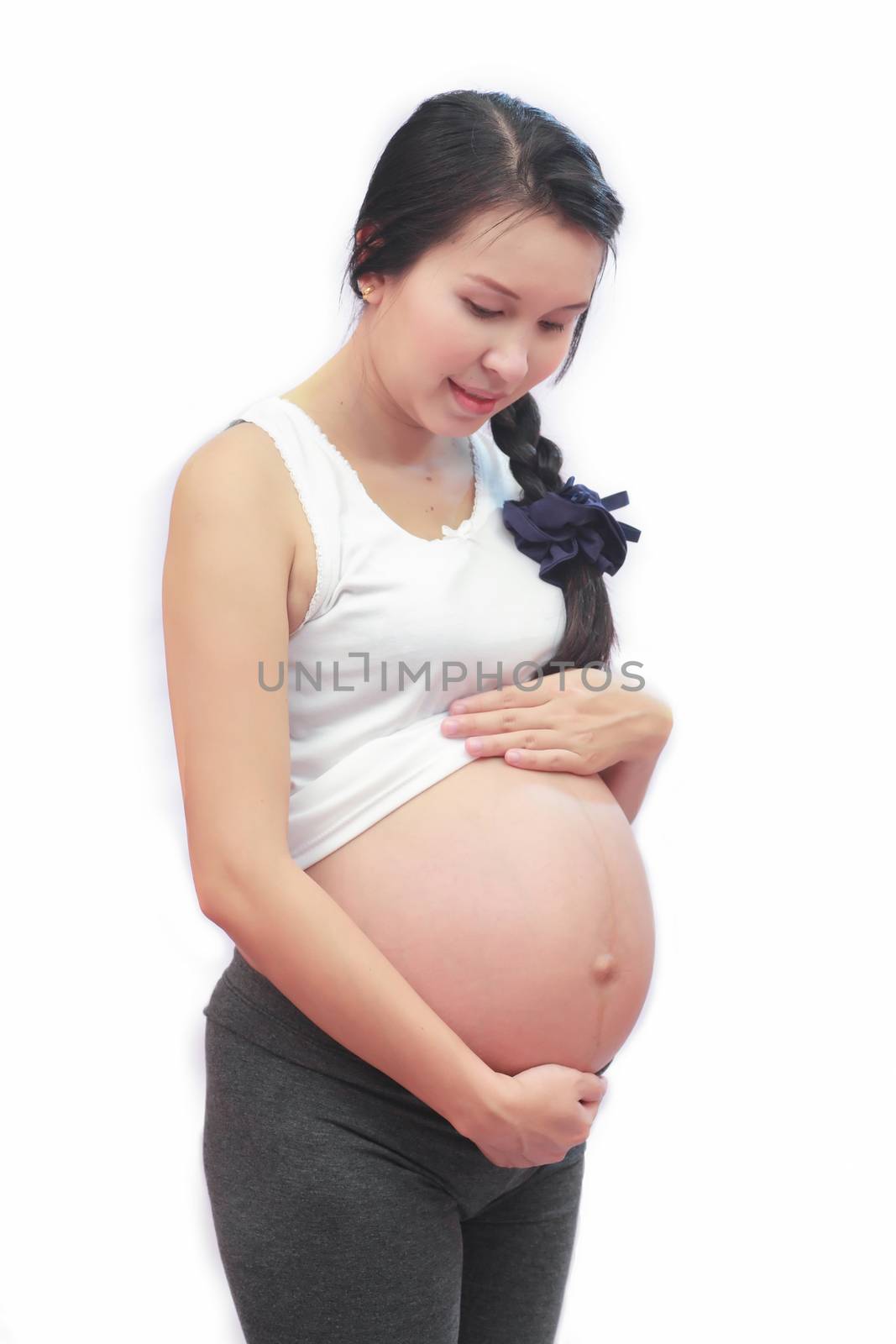 Pregnant woman on a white background.