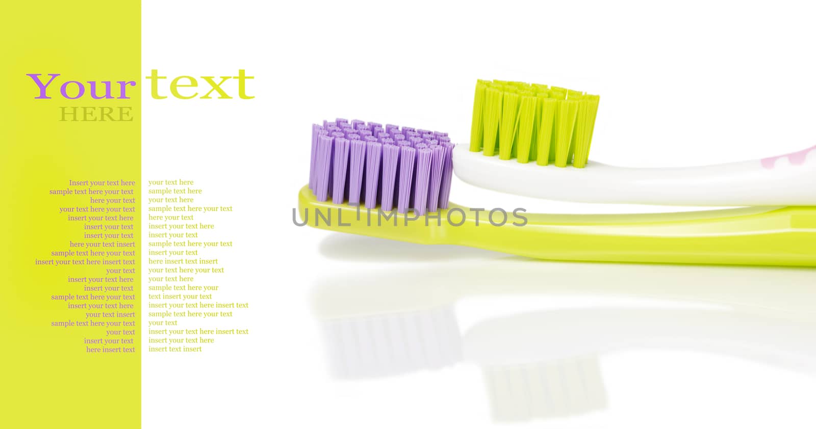 Two colored toothbrushes isolated on white with sample text