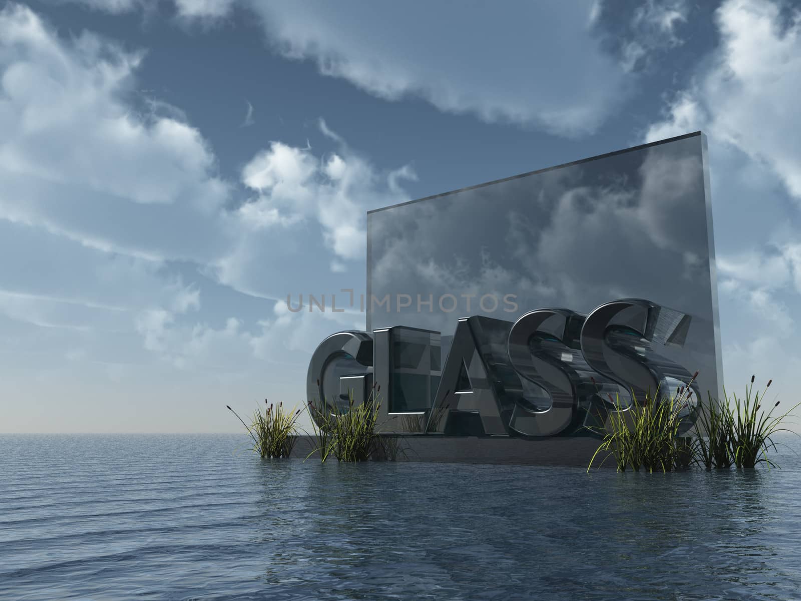 the word glass in glass at water and blue cloudy sky - 3d illustration