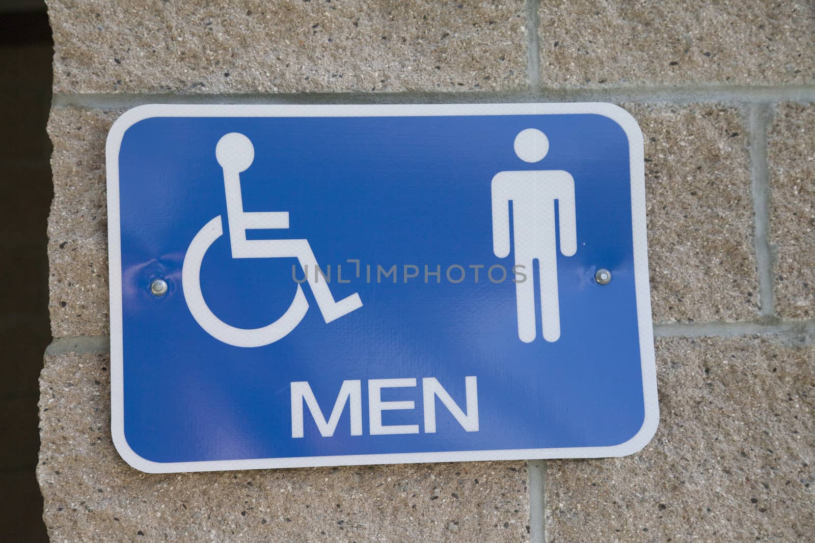 Blue men's restroom sign on wall outdoors