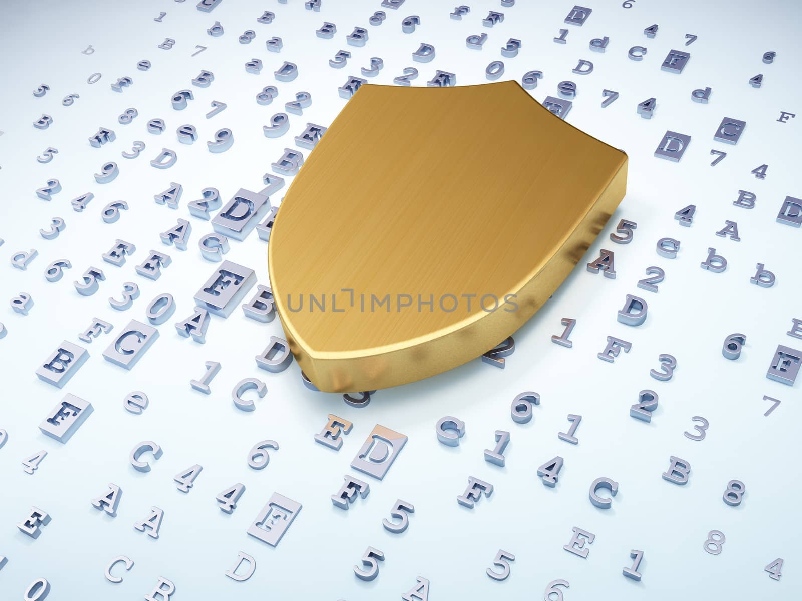 Security concept: golden shield on digital background, 3d render