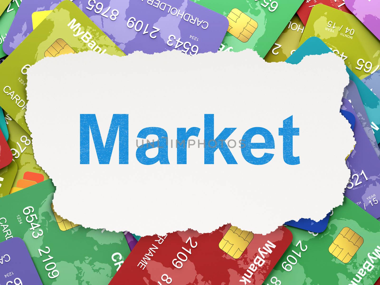 Torn paper with words Market on credit card background 3d render