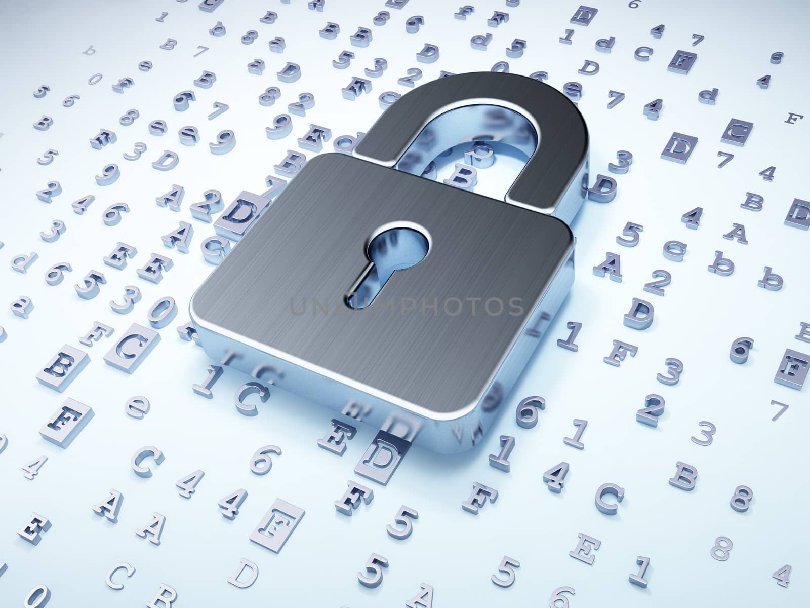 Security concept: silver closed padlock on digital background, 3d render