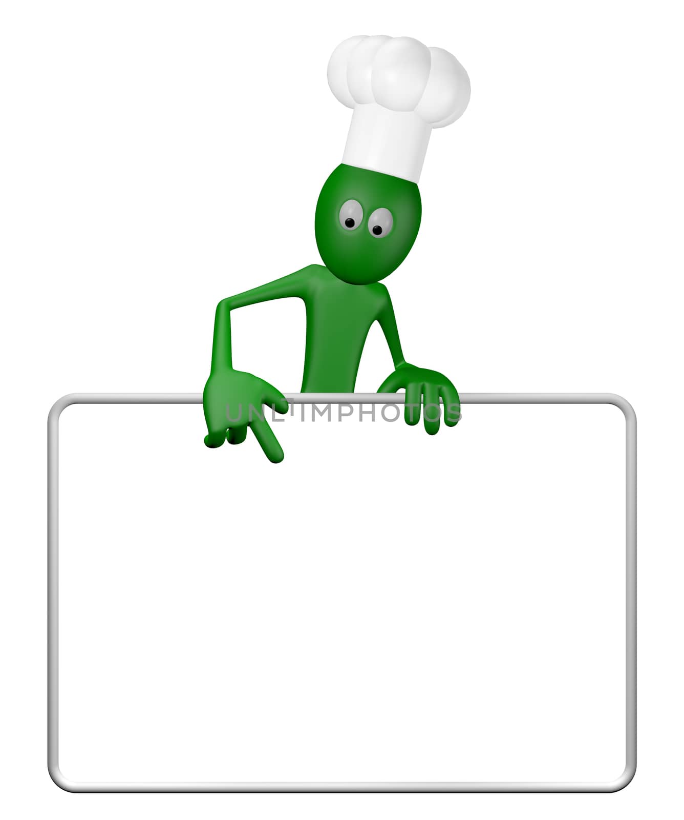 green guy with cook hat and blank white board - 3d illustration