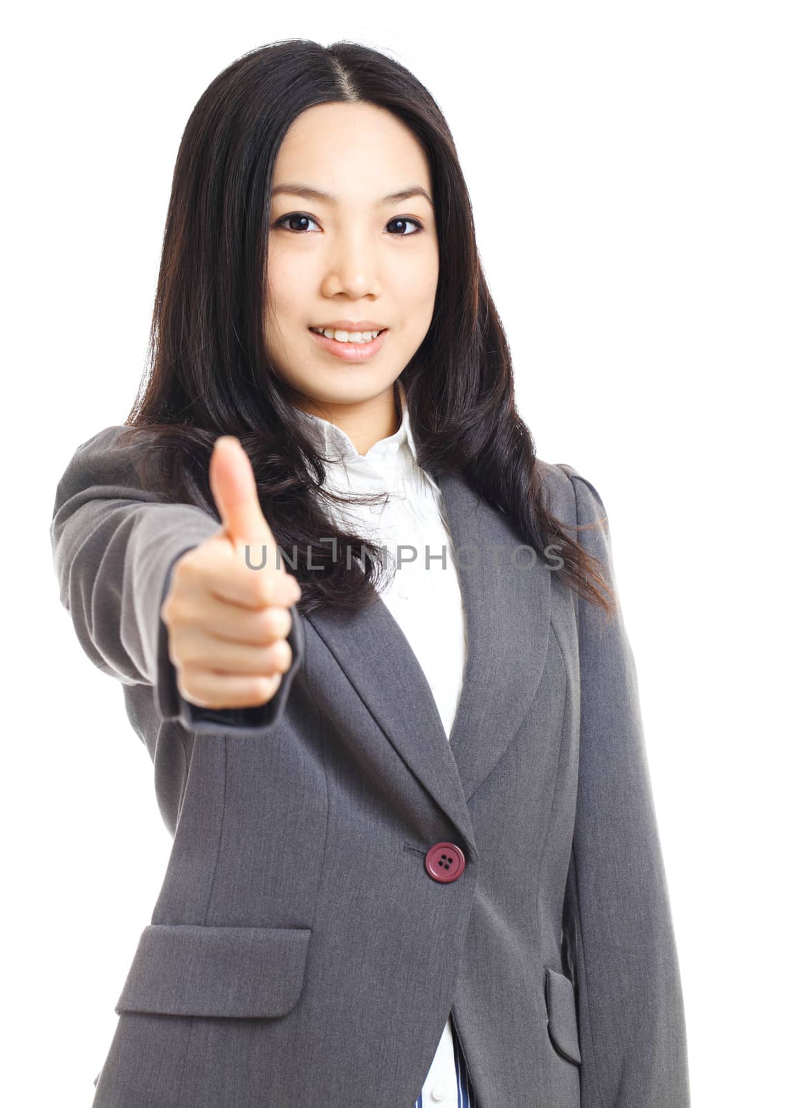 Asian business woman with thumb up hand by leungchopan