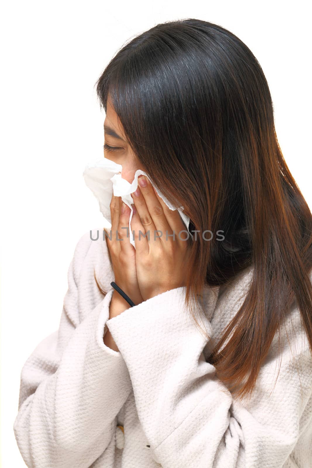 Sneezing asian woman by leungchopan