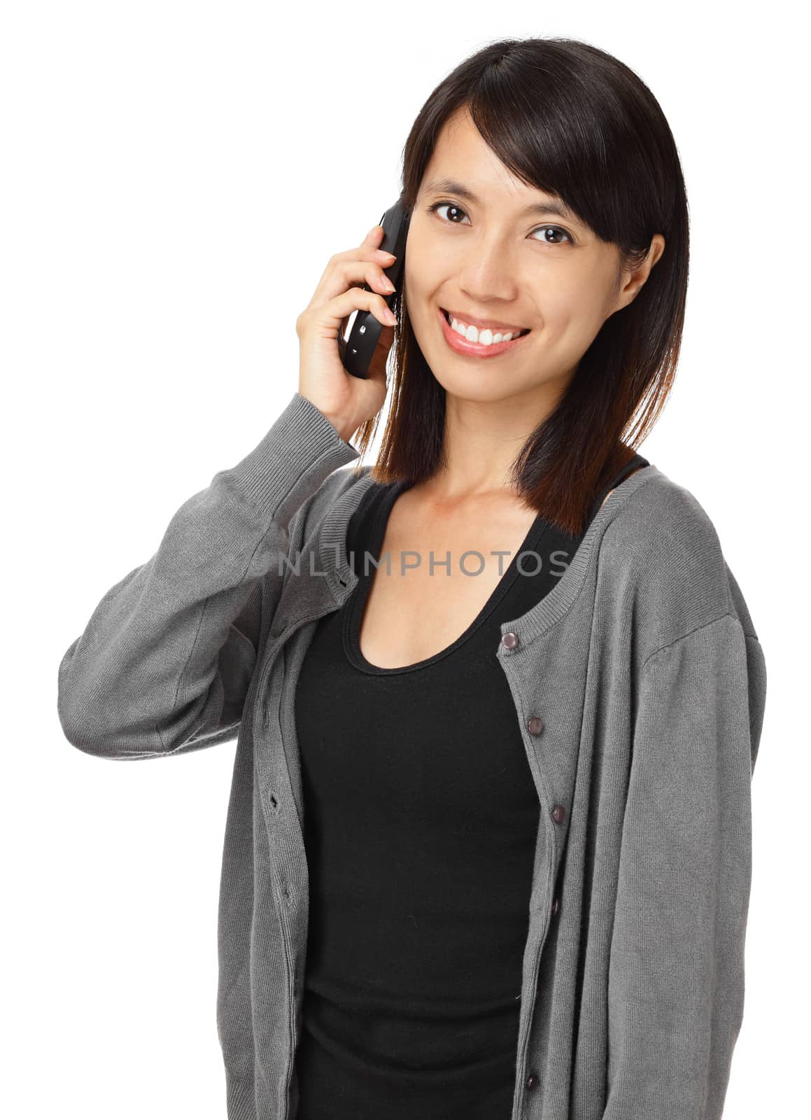 Asian woman with phone call isolated on white background