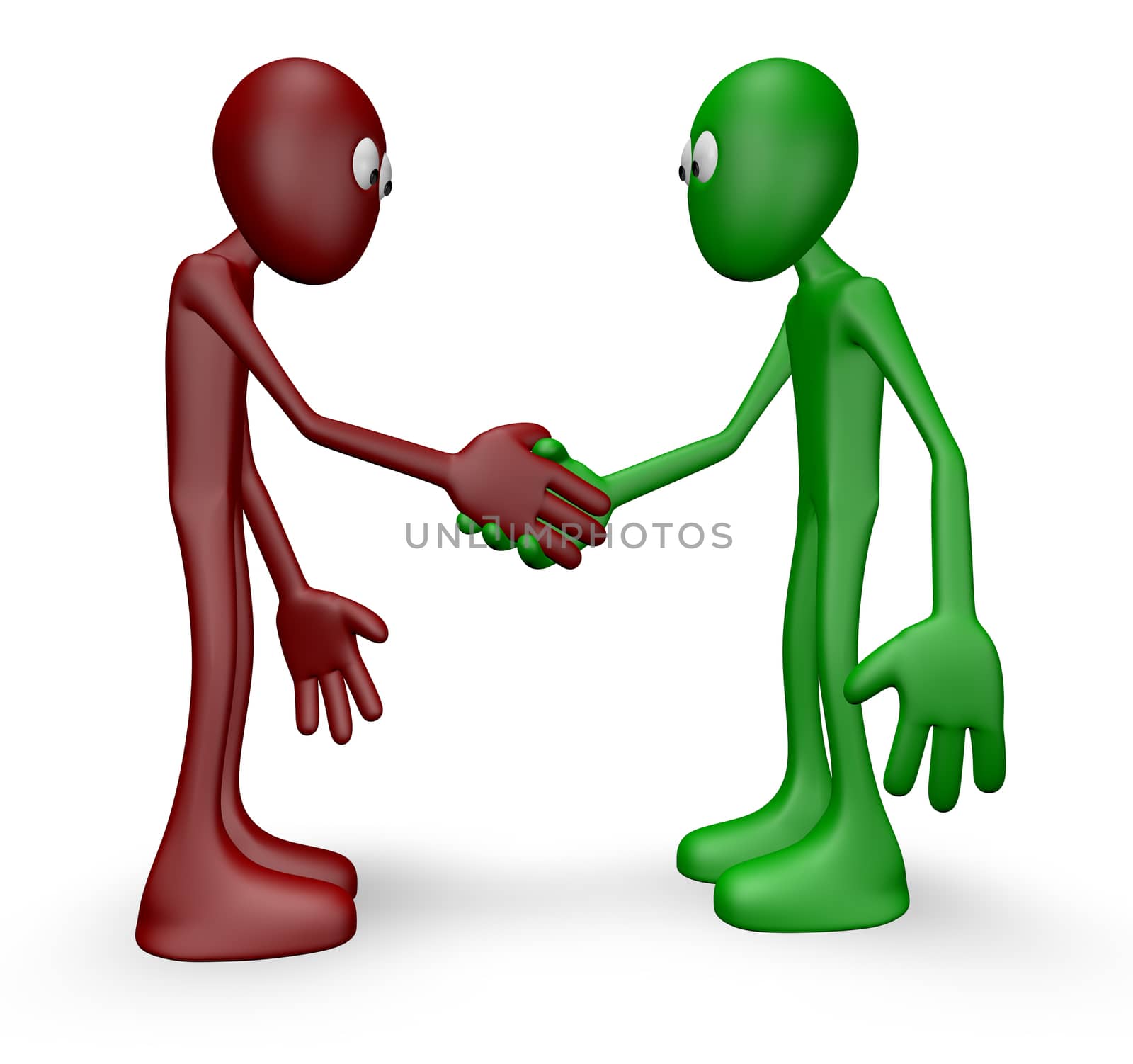 red and green guy shake hands - 3d illustration