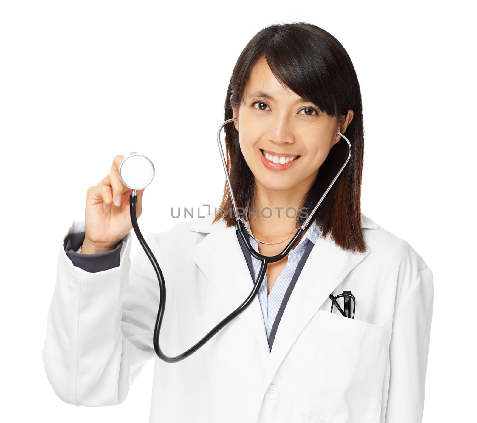 Asian female doctor holding stethoscope by leungchopan