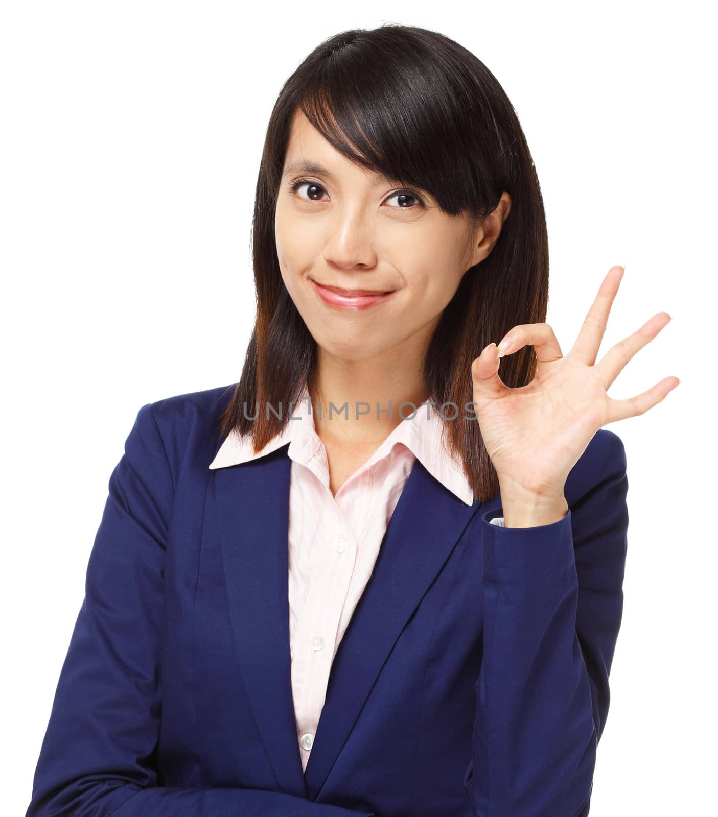 Business asian woman with ok hand gesture by leungchopan