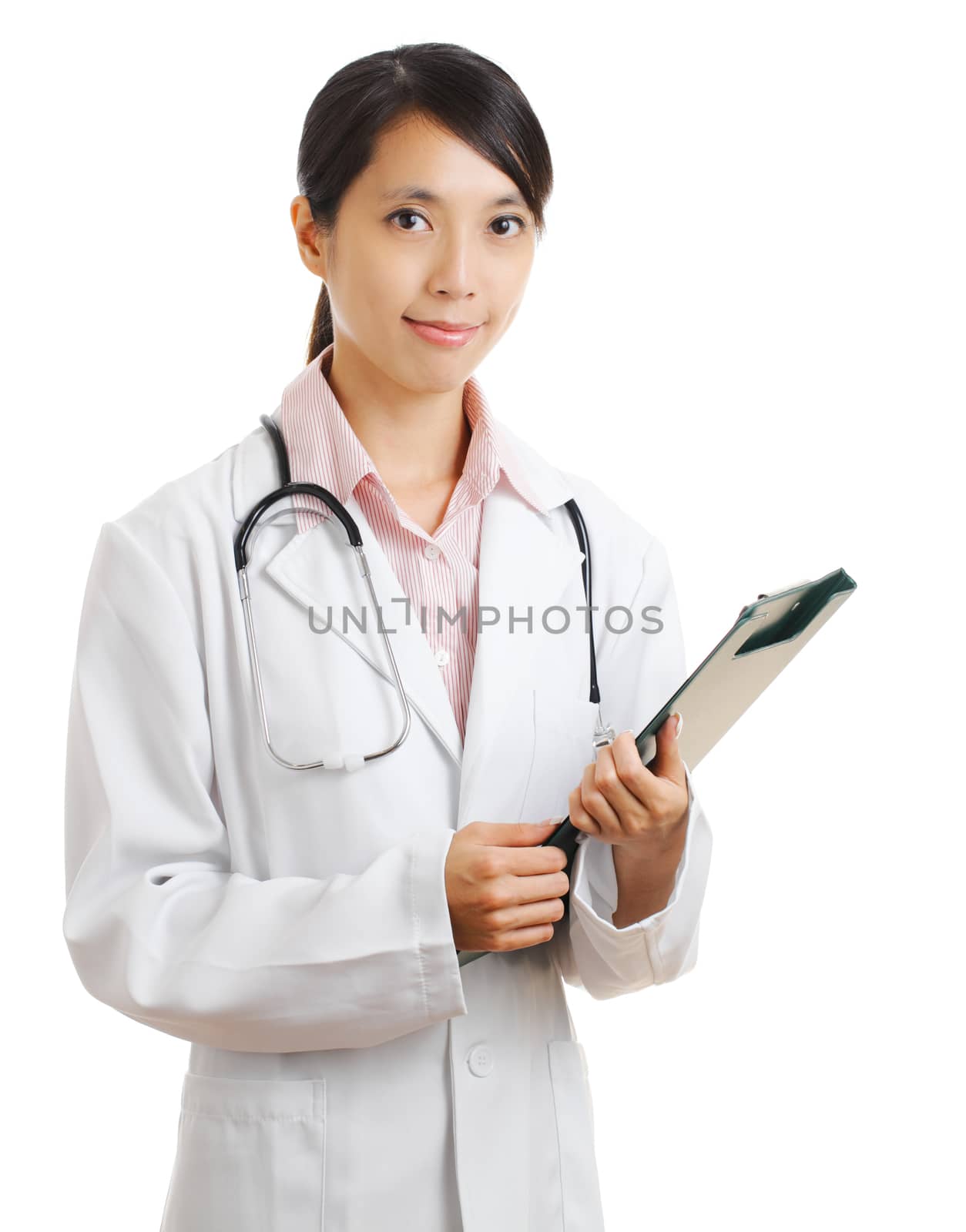 young female doctor with patient file chart