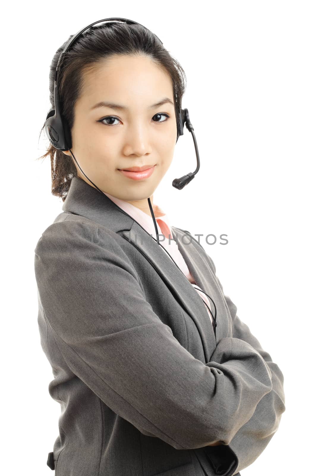 Asian business woman with headset by leungchopan