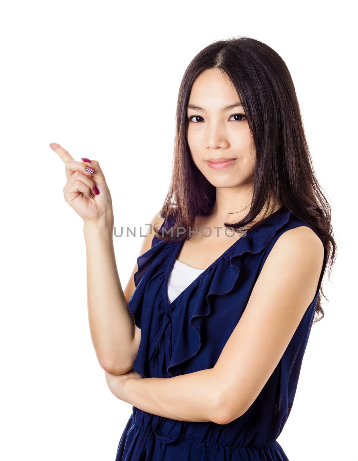 Asian woman pointing a side