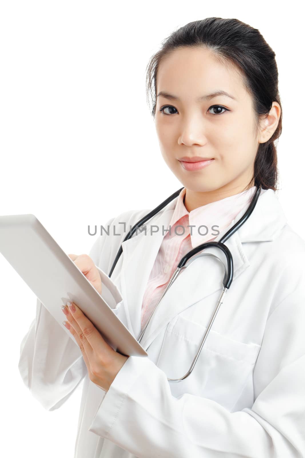 Asian female doctor with digital tablet by leungchopan