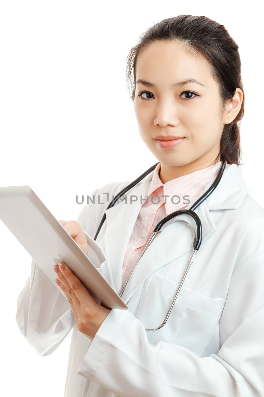 Asian female doctor with computer tablet by leungchopan