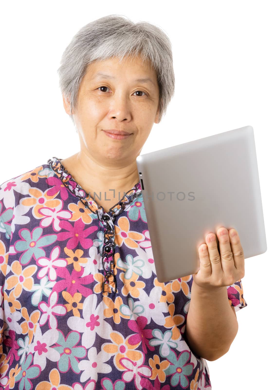 Asian old woman with digital tablet by leungchopan