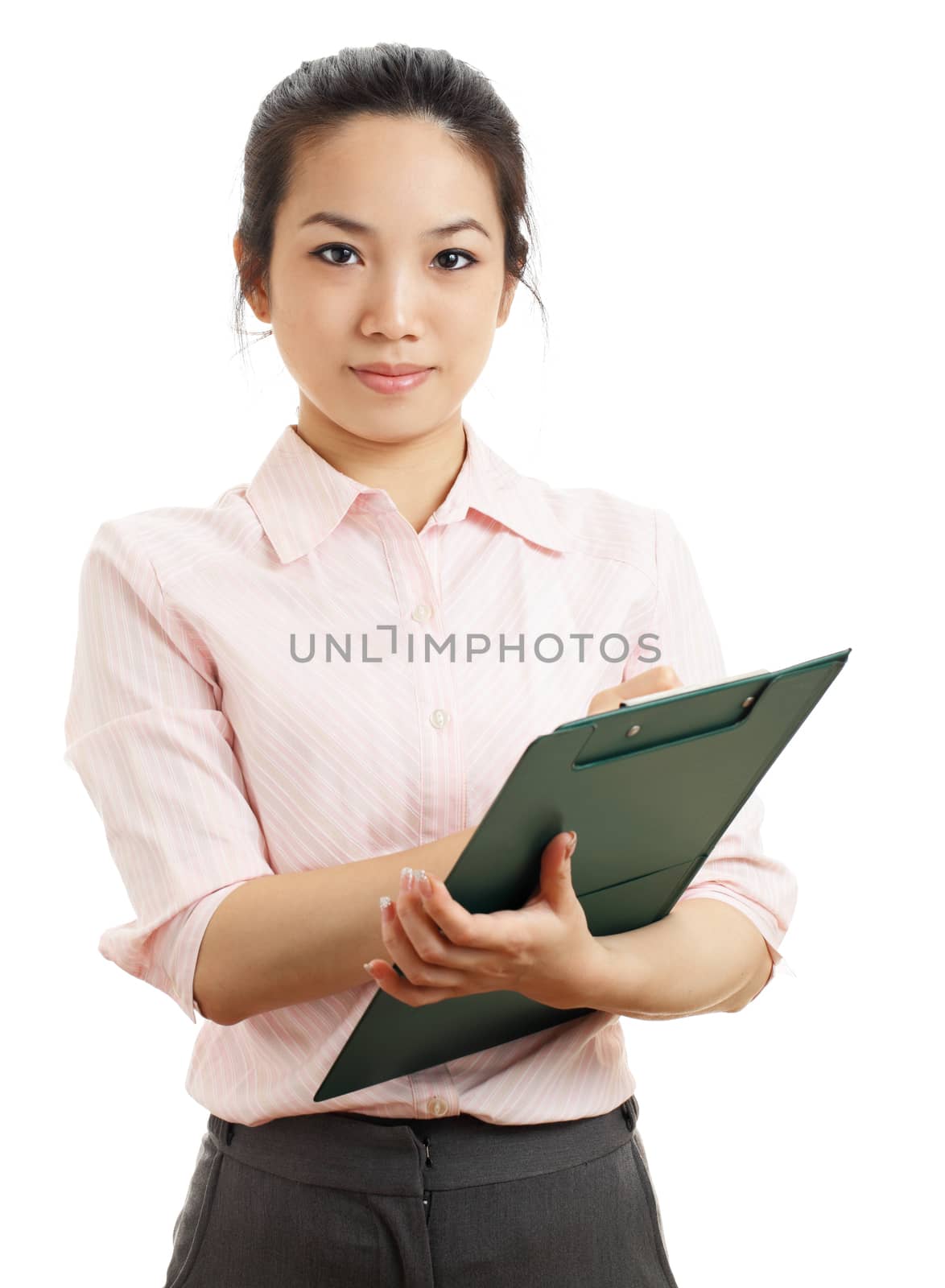 Asian business woman with writing pad by leungchopan