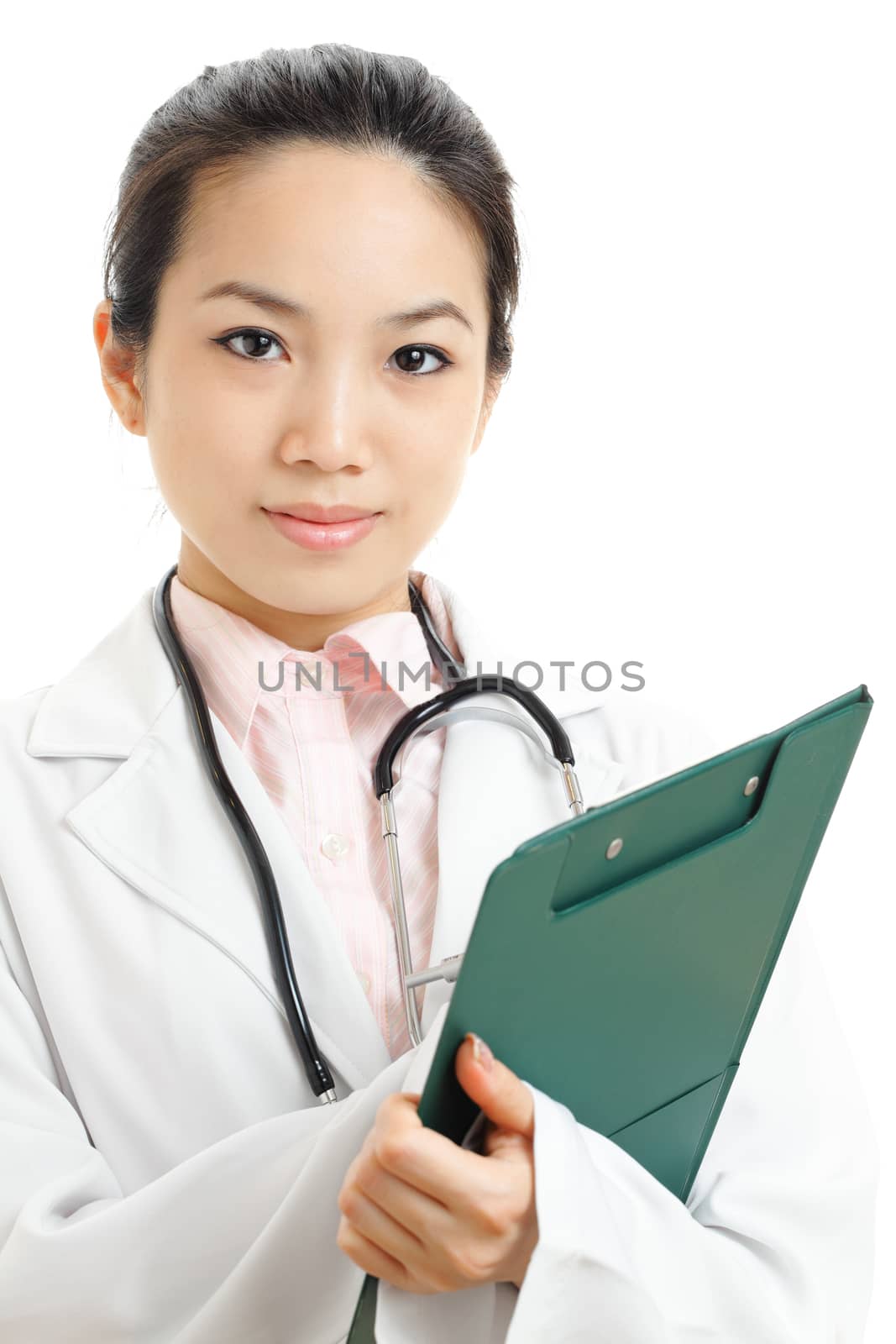 Asian woman doctor with writing pad by leungchopan