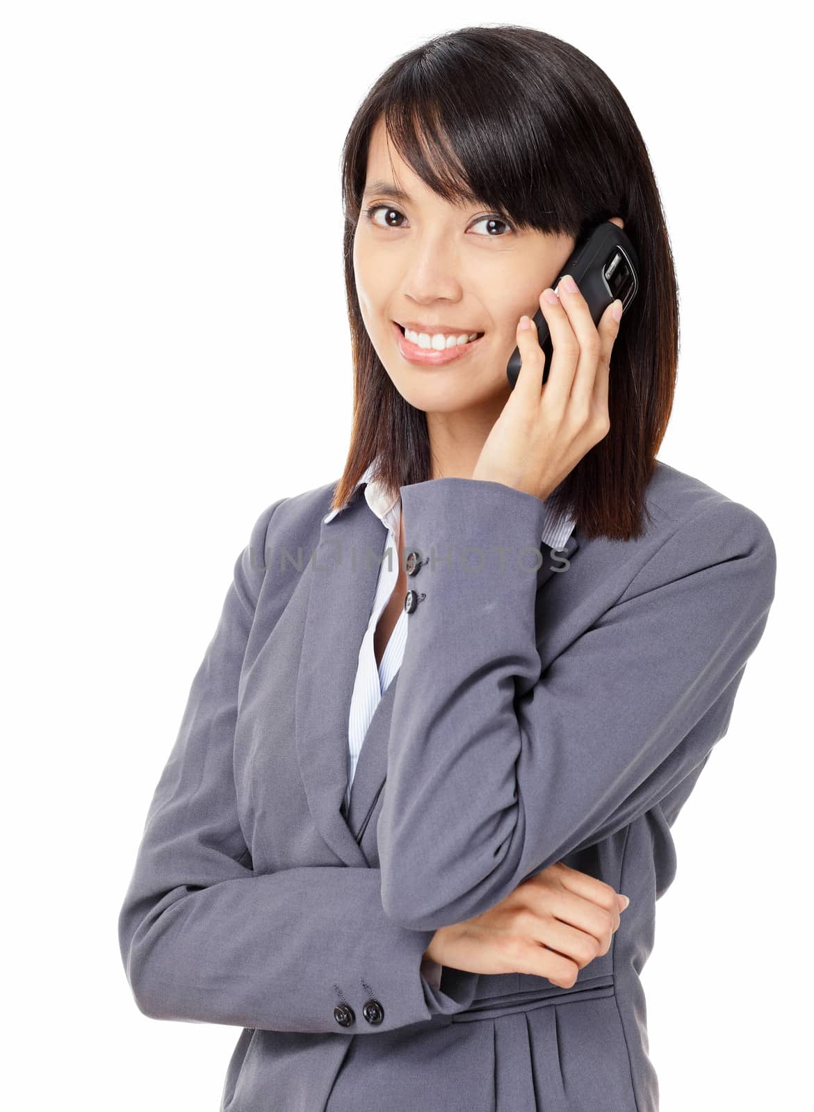 Asian business woman with phone call isolated on white background