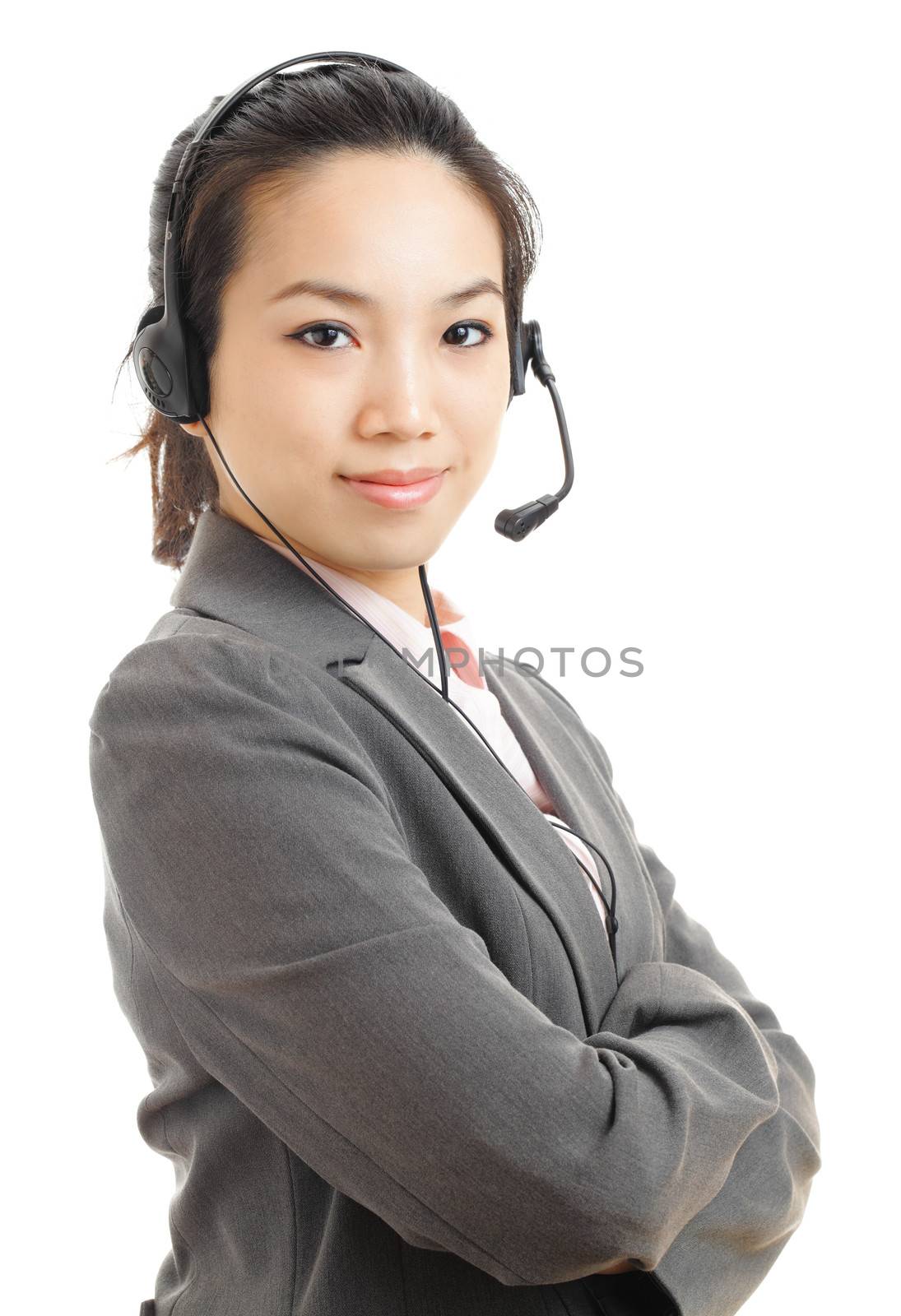 Asian business woman with headset by leungchopan