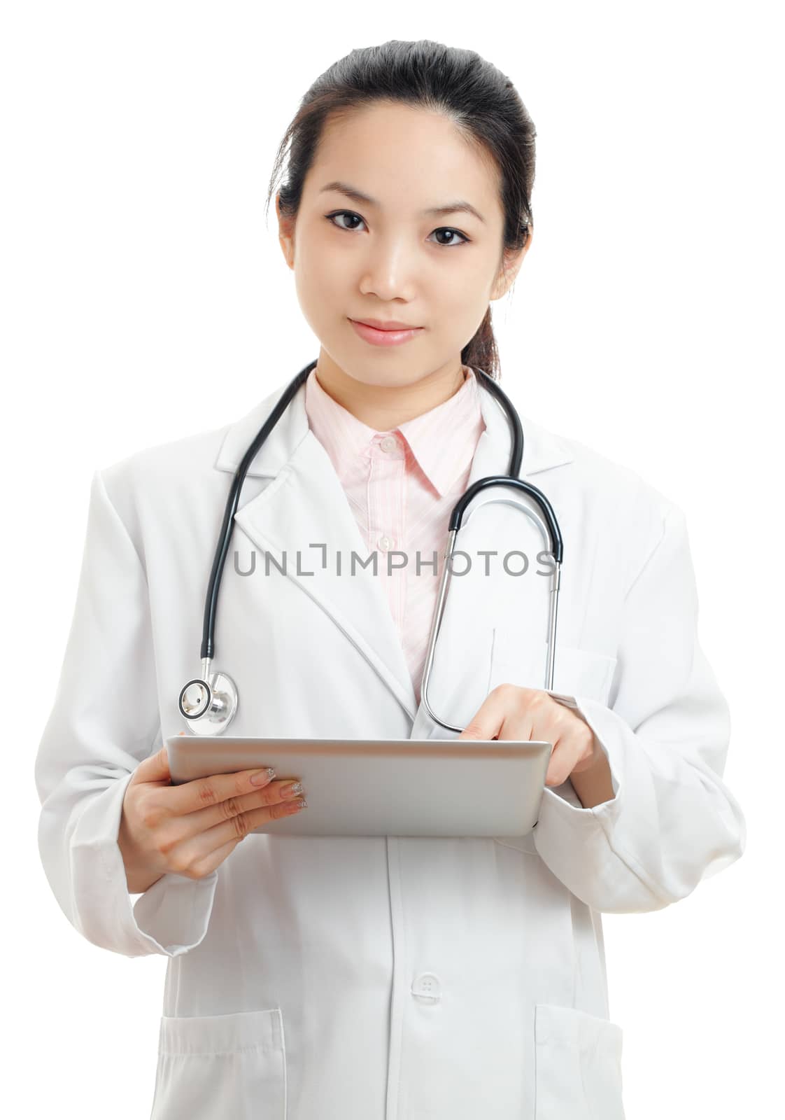 Asian female doctor with digital tablet by leungchopan