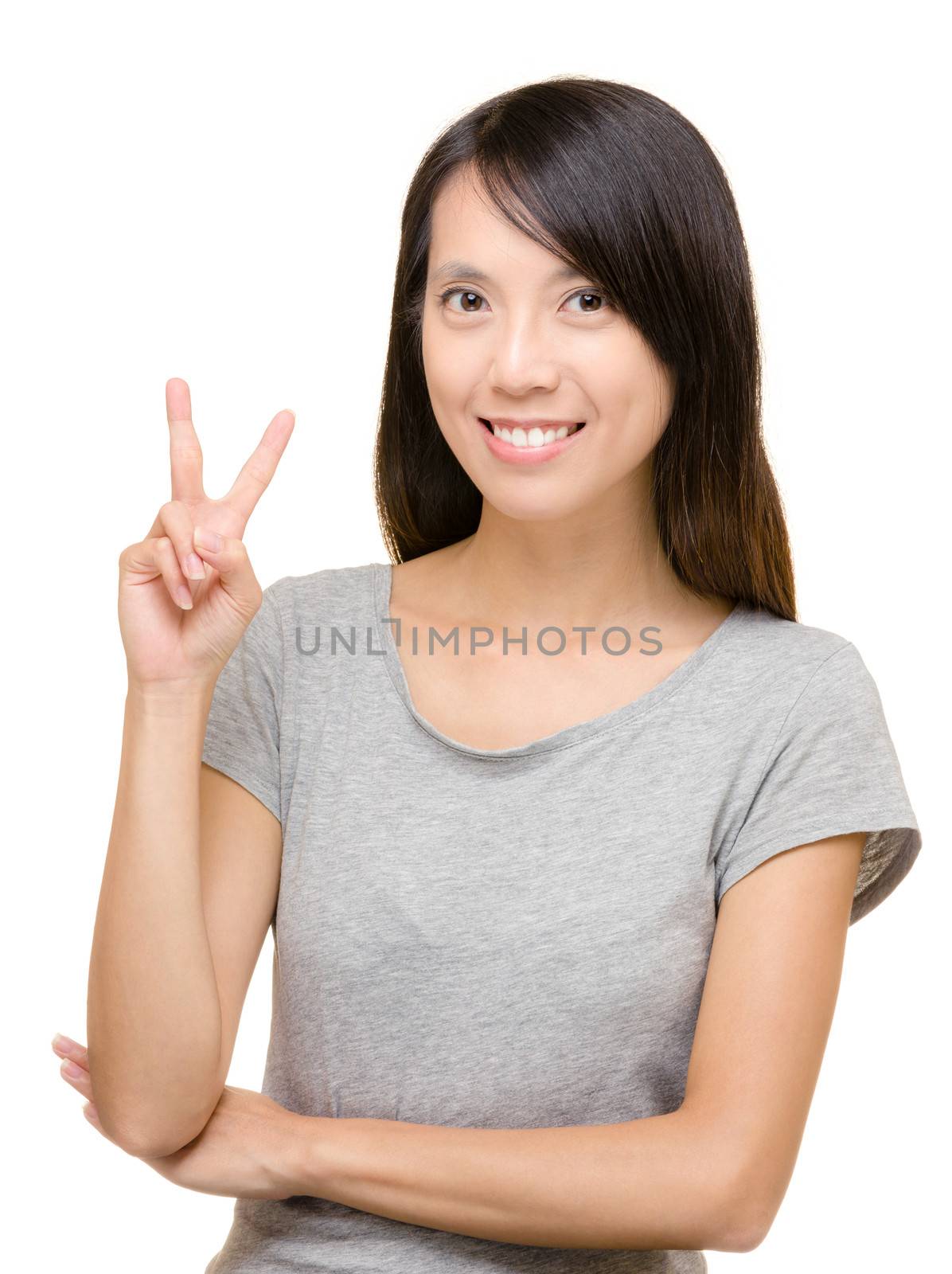 Asian woman showing victory sign by leungchopan