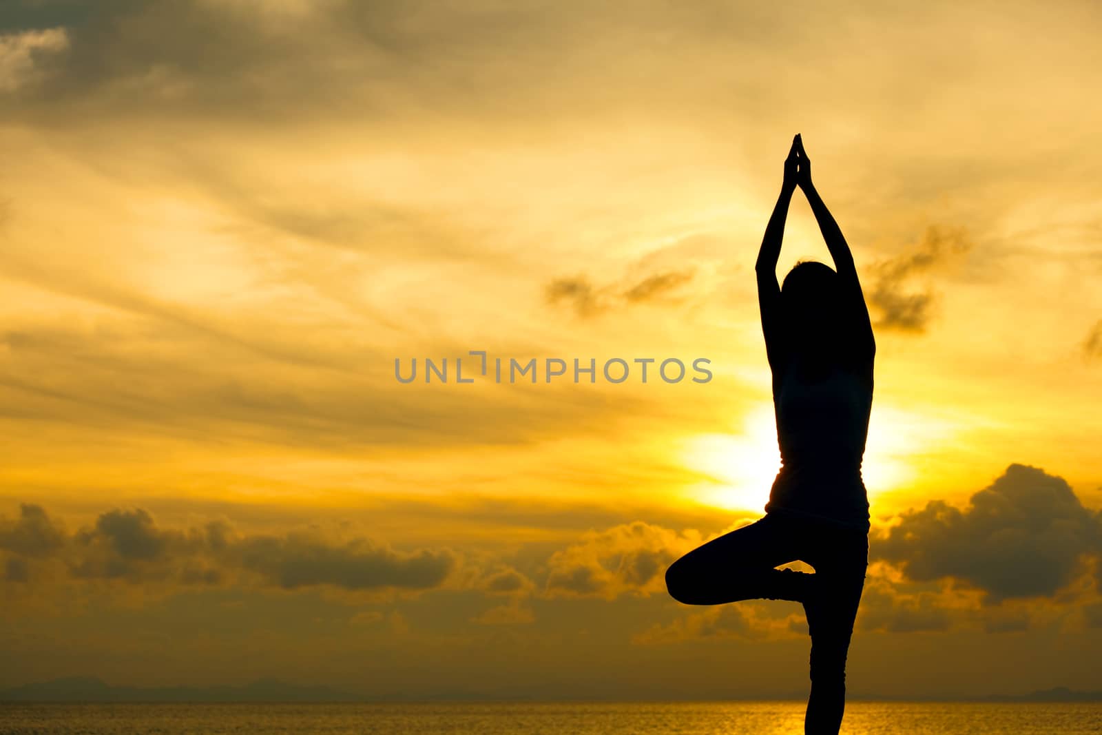 Silhouette of beautiful Yoga woman in morning by leungchopan