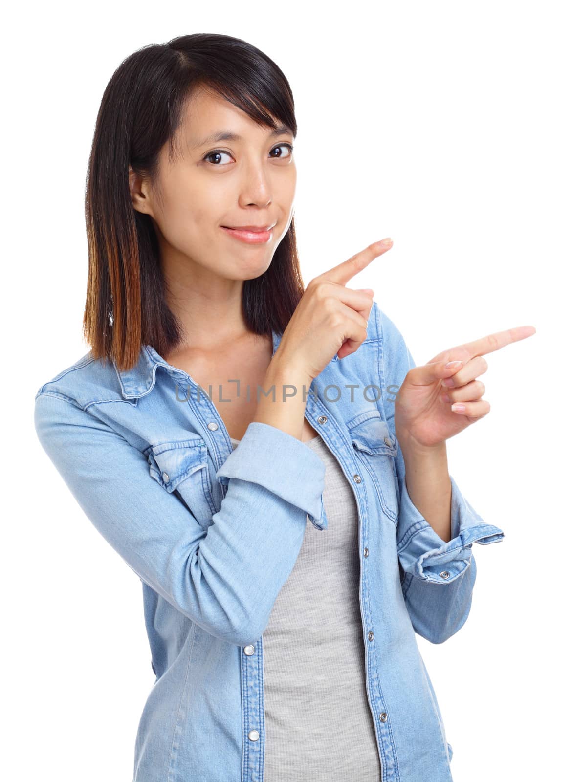 Asian woman pointing a side