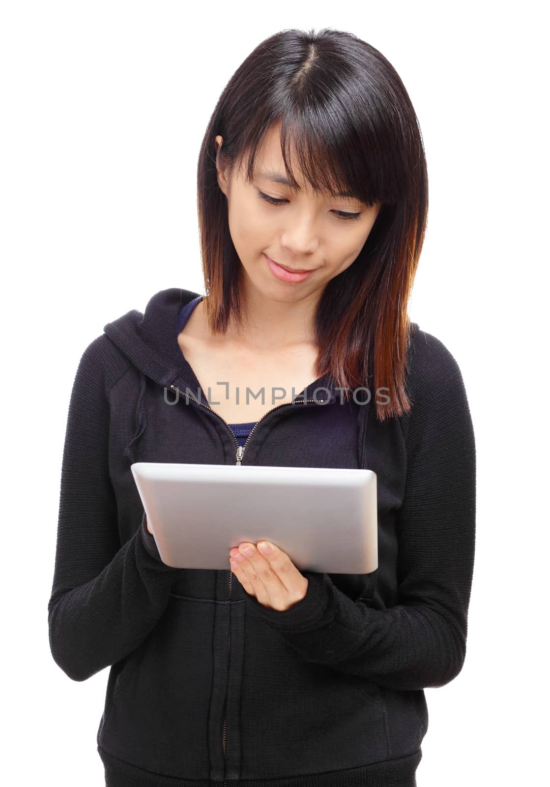 Young asian woman using tablet computer by leungchopan