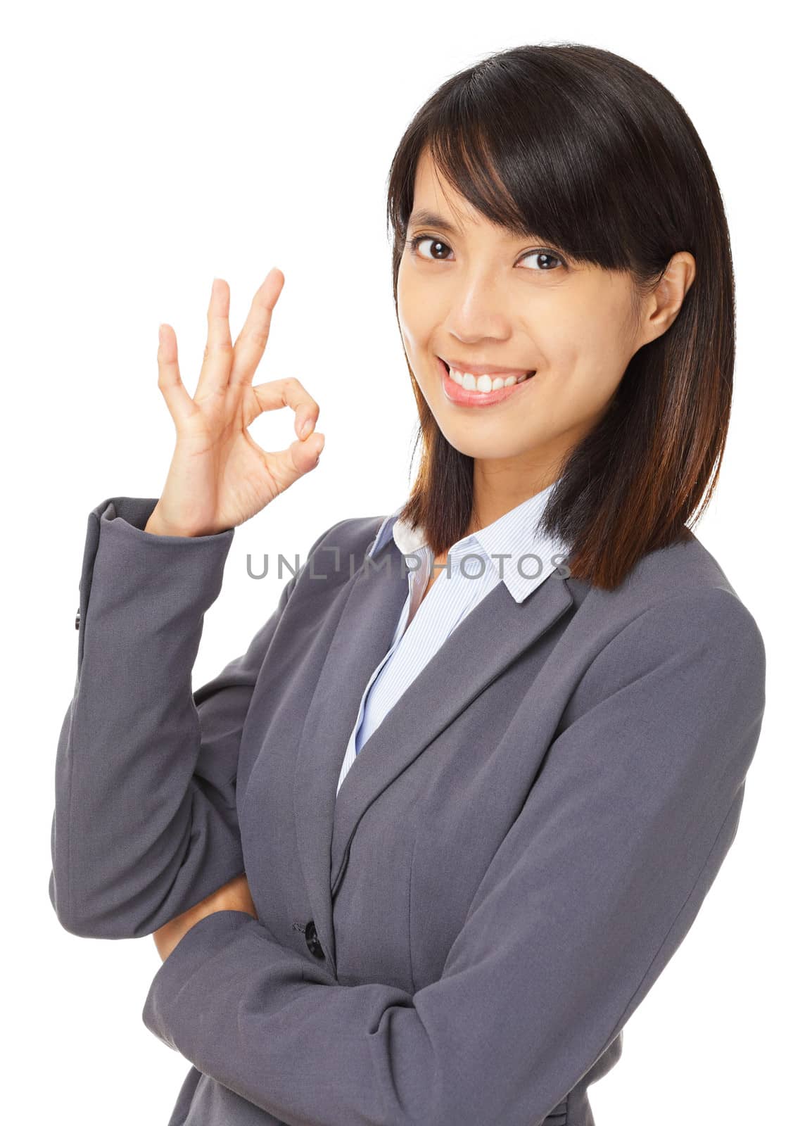 Business asian woman with ok hand sign by leungchopan