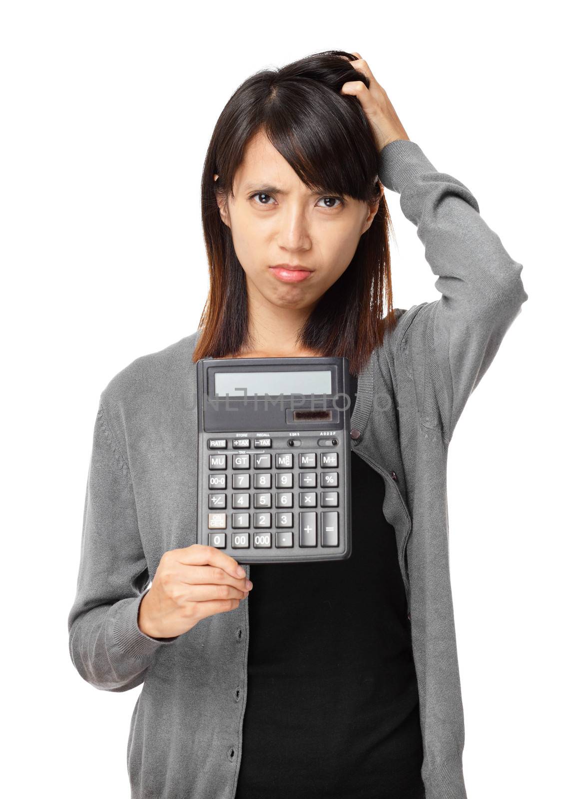 Asian woman holding calculator by leungchopan