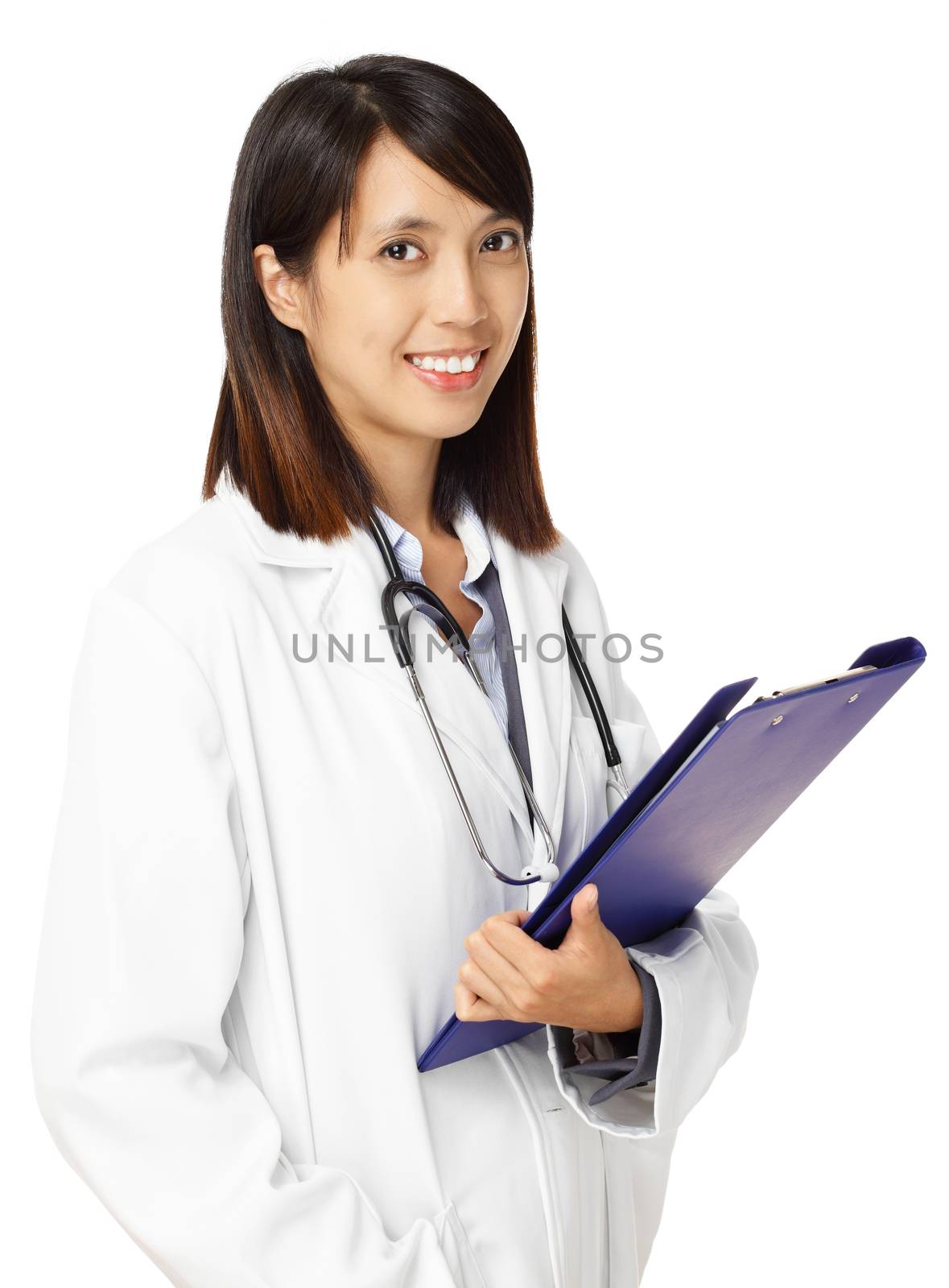 Asian female doctor with writing pad by leungchopan
