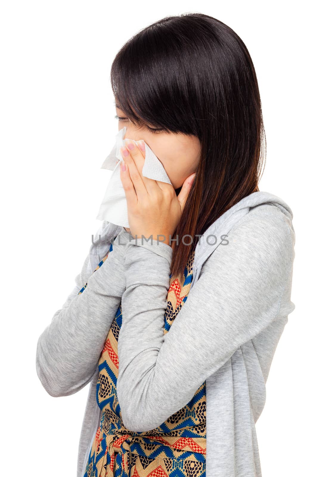 Sneezing asian woman