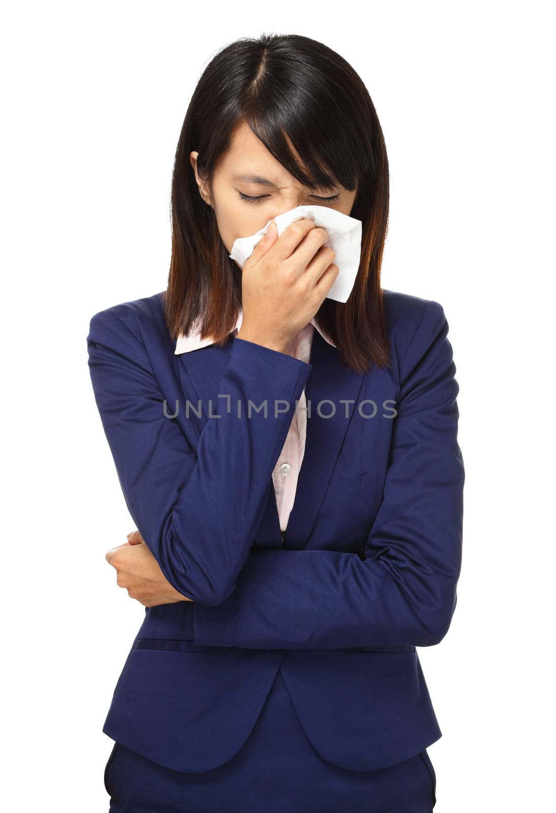 Cold sneezing asian business woman