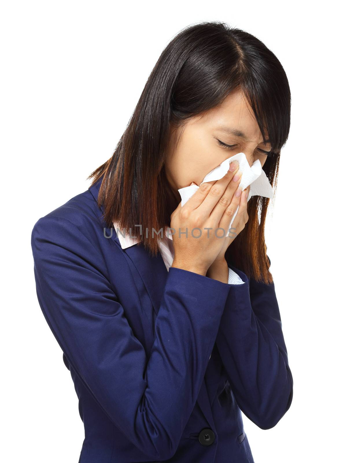 Cold sneezing asian business woman by leungchopan