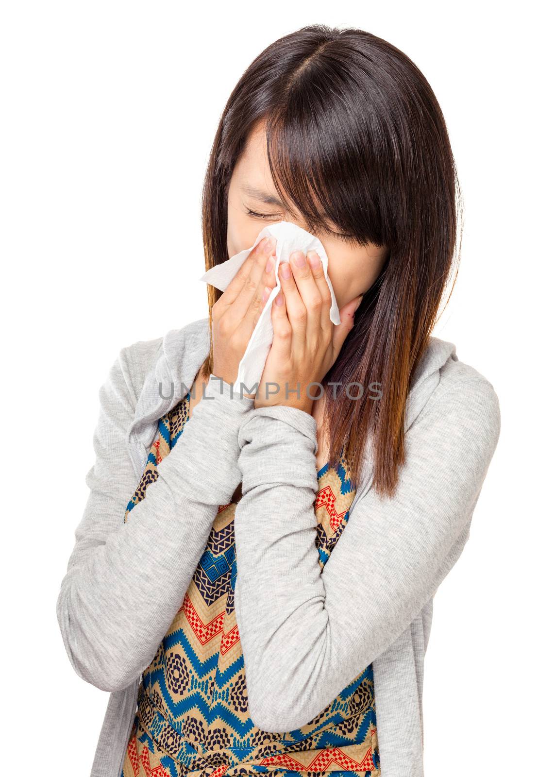 Cold sneezing asian woman
