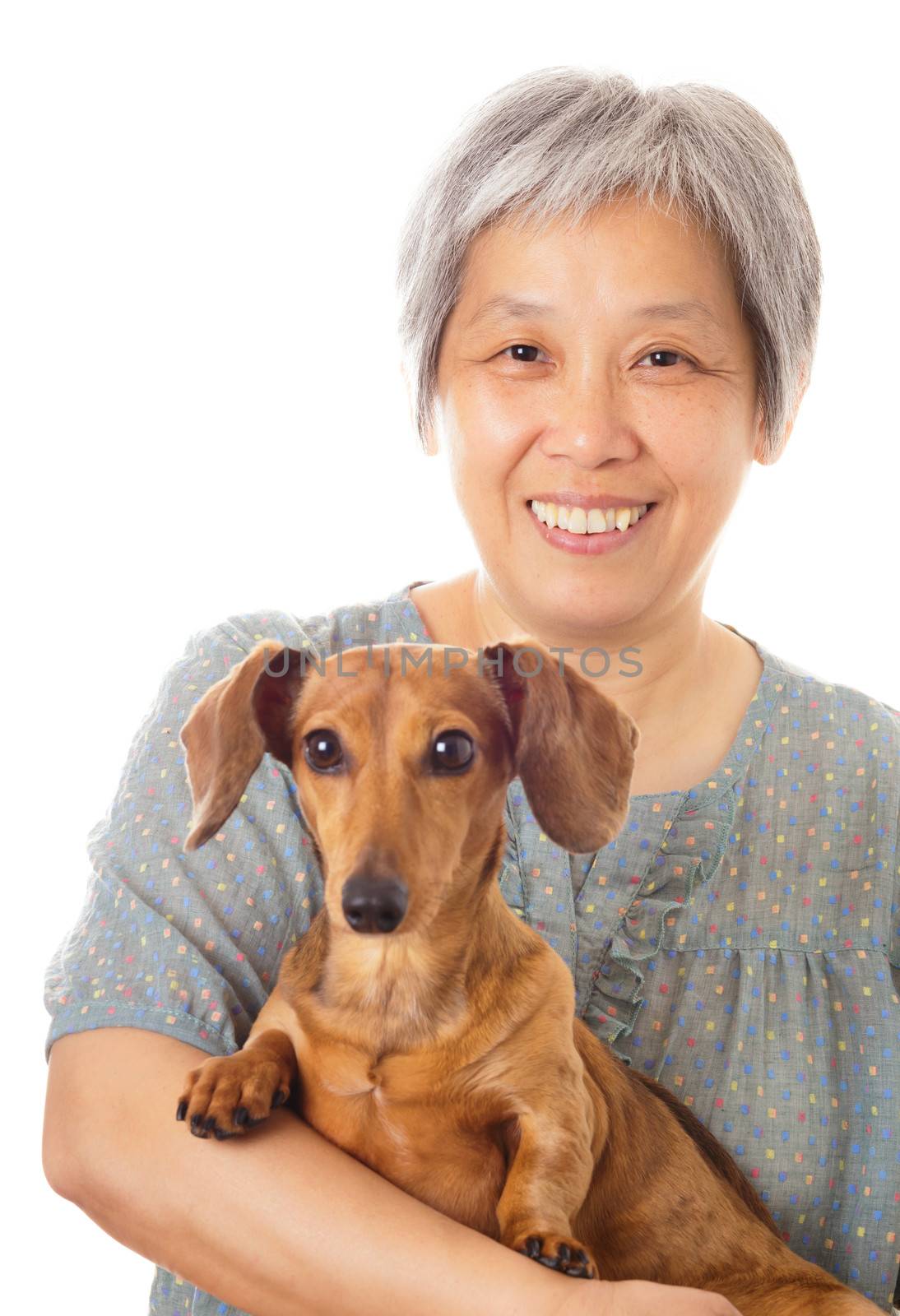Asian old woman and dachshund dog by leungchopan