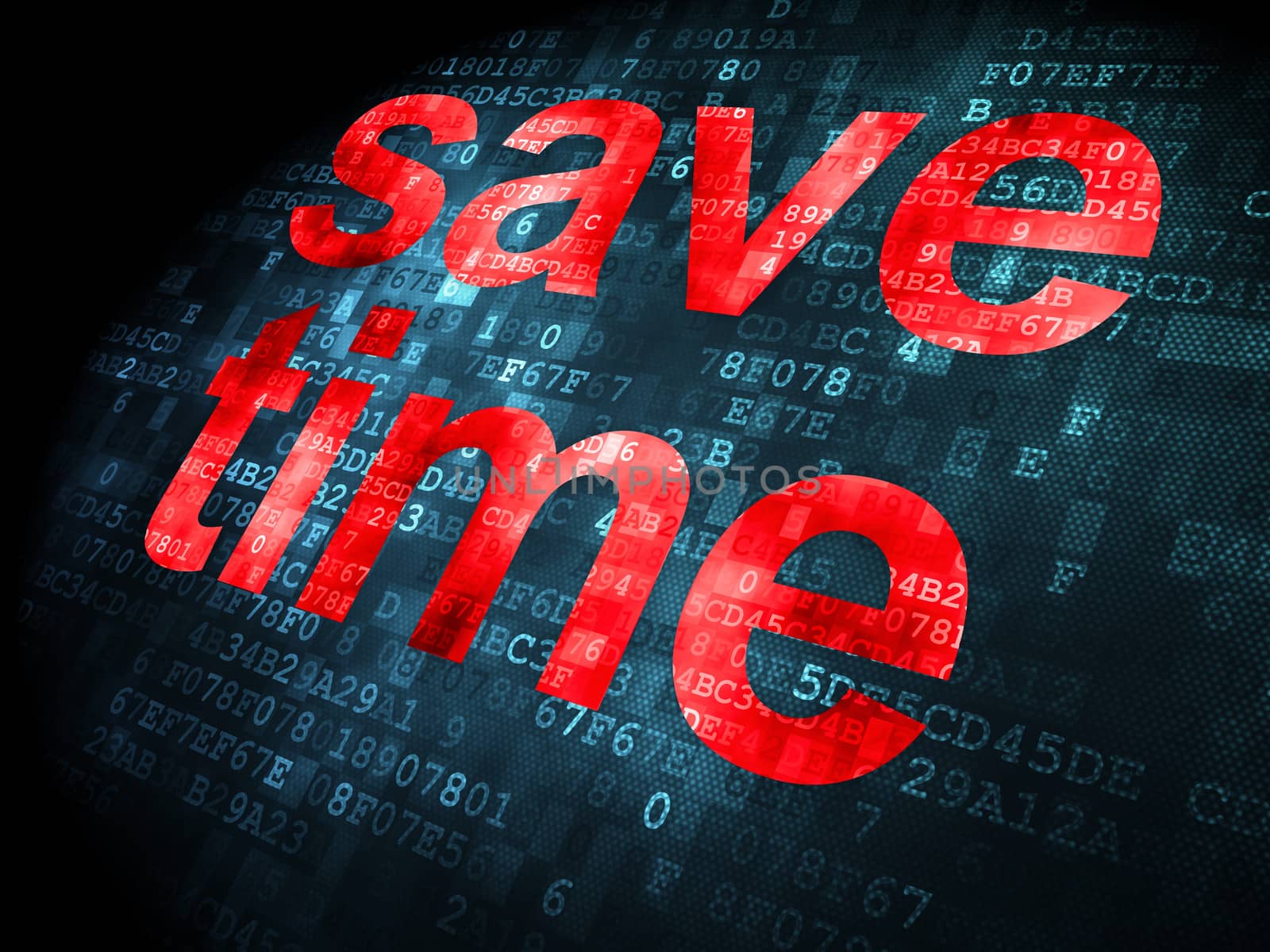 Timeline concept: pixelated words Save Time on digital background, 3d render