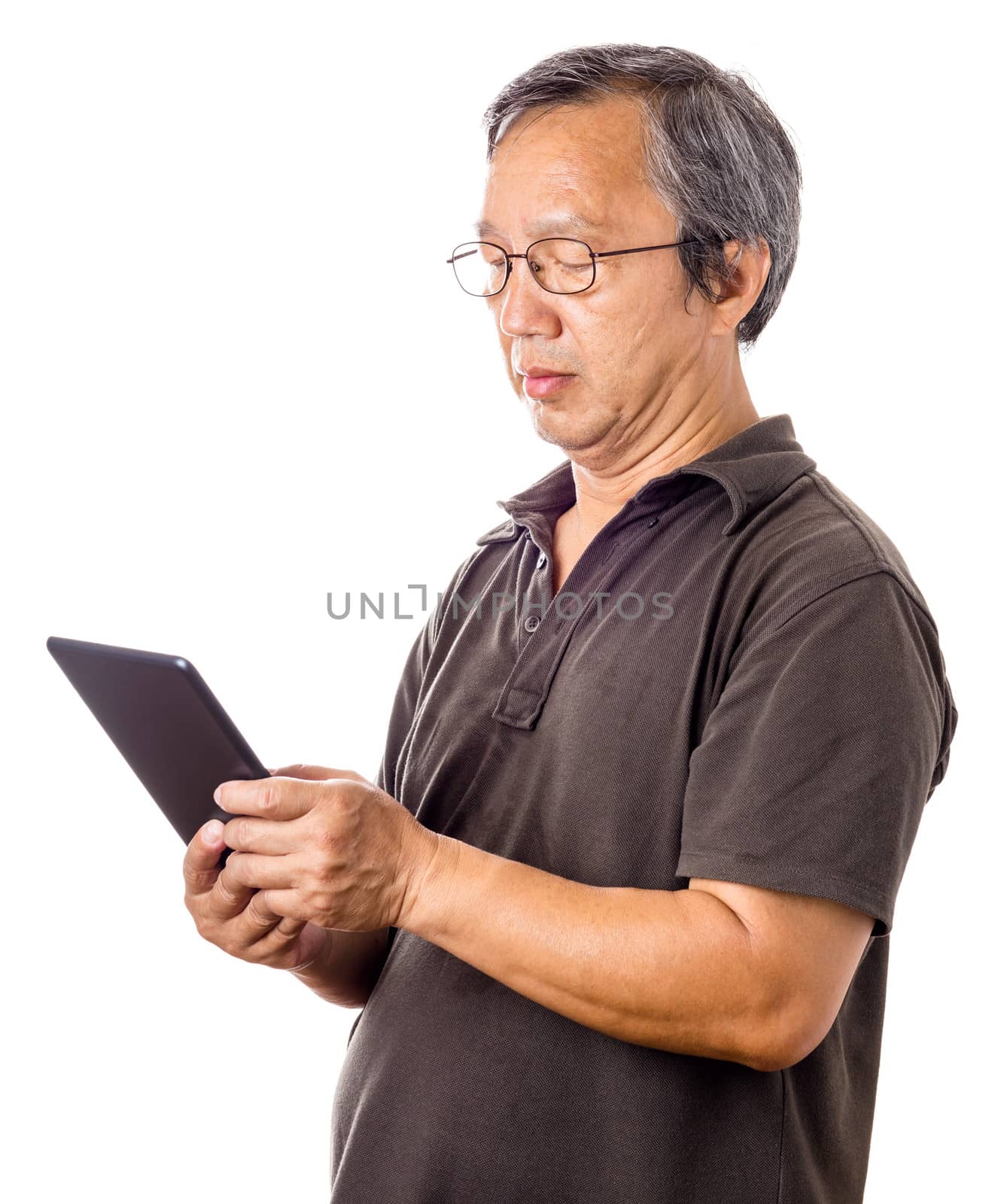 Asian man using tablet
