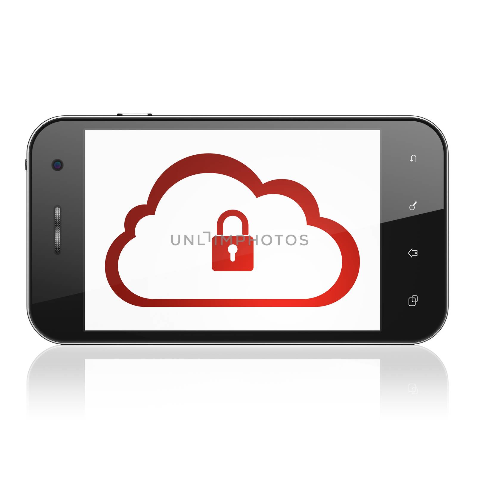 Cloud computing concept: smartphone with Cloud With Padlock icon on display. Mobile smart phone on White background, cell phone 3d render