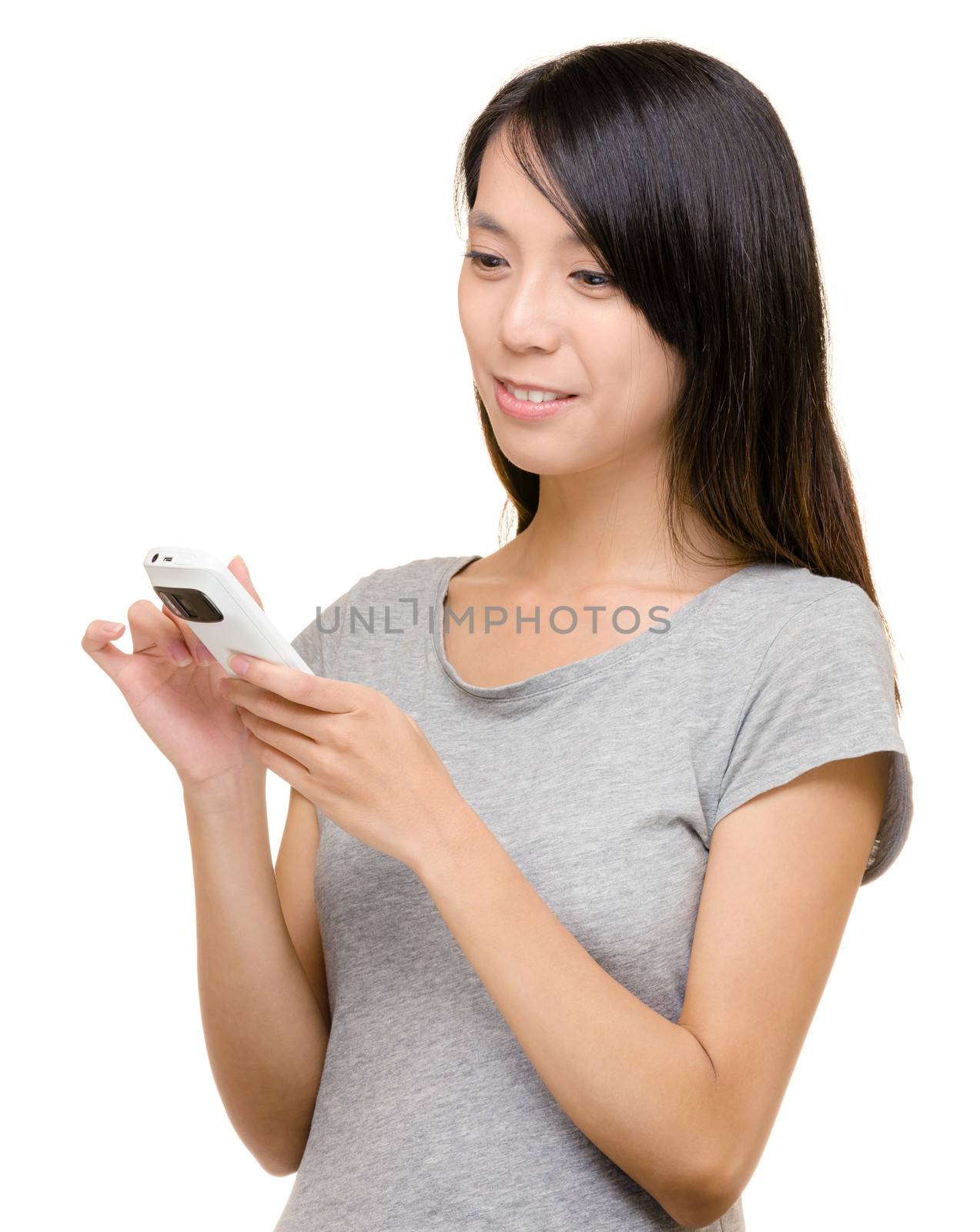 Asian woman read sms on phone by leungchopan